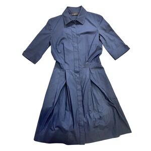 JOSEPH Navy Cotton Poplin Shirt Dress Midi Pleated Skirt Women's 36/S Minimal‎